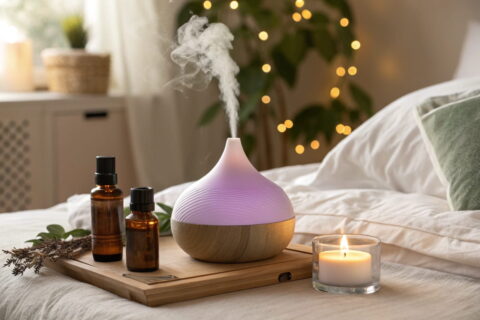 Ein Diffuser mit Lavendelduft und ätherischen Ölen in einem gemütlichen Schlafzimmer, ideal für Aromatherapie für besseren Schlaf.