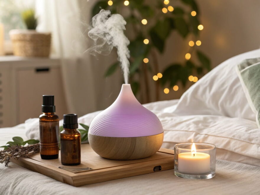 Ein Diffuser mit Lavendelduft und ätherischen Ölen in einem gemütlichen Schlafzimmer, ideal für Aromatherapie für besseren Schlaf.