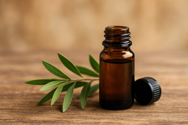 Braune Glasflasche mit Teebaumöl und frischen Teebaumblättern zur Darstellung von Herkunft und Eigenschaften.