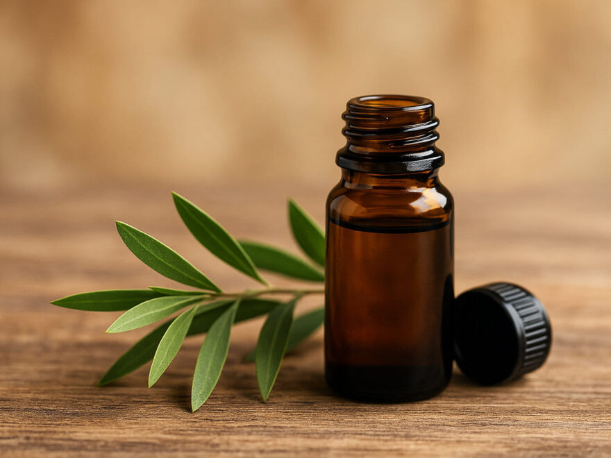 Braune Glasflasche mit Teebaumöl und frischen Teebaumblättern zur Darstellung von Herkunft und Eigenschaften.