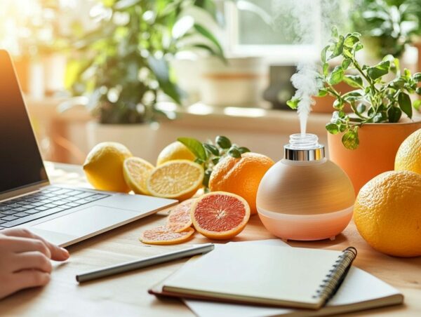 Zitrusdüfte im Alltag: So setzt du sie ein Essenzielle Öle und Zitrusfrüchte in einem Homeoffice zur Nutzung von Zitrusdüften im Alltag.
