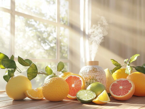 Zitrusdüfte für dein Zuhause: Frische und Energie Zitrusdüfte für den Diffuser in einem hellen Wohnzimmer mit frischen Zitrusfrüchten.