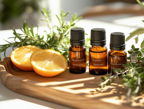 Ätherische Öle für mentale Klarheit: Rosmarin, Pfefferminze und Zitrone Ätherische Öle wie Rosmarin, Pfefferminze und Zitrone zur Förderung mentaler Klarheit auf einem Holztablett