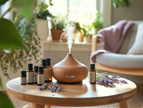 Ätherische Öle und Diffuser zur Entspannung und Stressbewältigung Ätherische Öle auf einem Holztisch mit Diffuser und Lavendelzweigen zur Stressreduktion