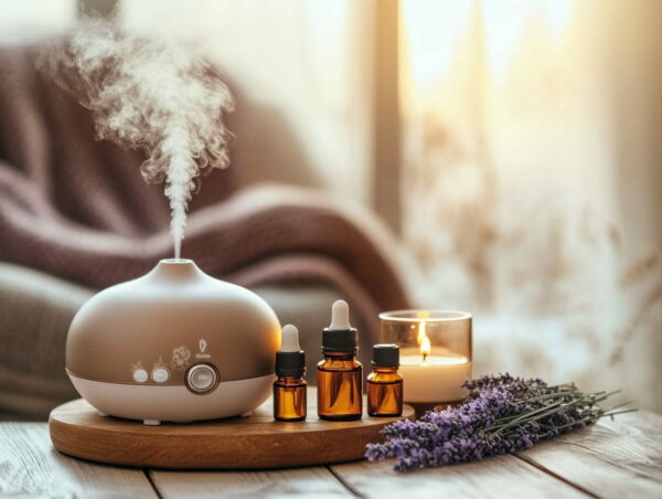 Aromatherapie mit Diffuser für mentale Klarheit und Entspannung Diffuser mit ätherischen Ölen auf einem Holztisch zur Förderung mentaler Klarheit durch Aromatherapie