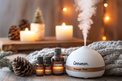 Diffuser mit ätherischen Ölen wie Zimt, Orange und Fichte für Winterdüfte in der Aromatherapie