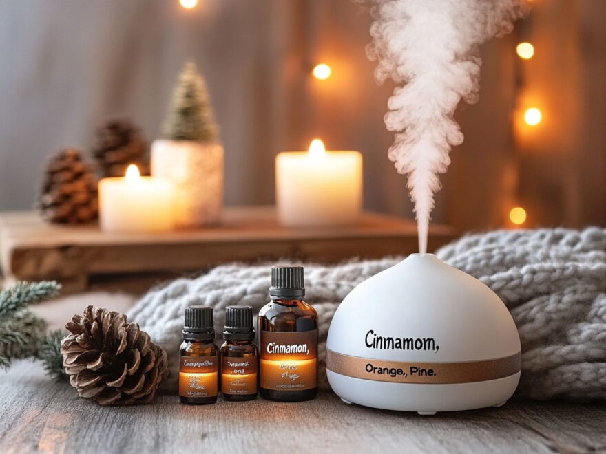 Diffuser mit ätherischen Ölen wie Zimt, Orange und Fichte für Winterdüfte in der Aromatherapie