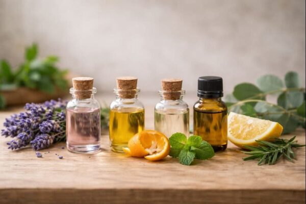 Wichtige ätherische Öle mit Lavendel, Zitrone, Pfefferminze und Eukalyptus