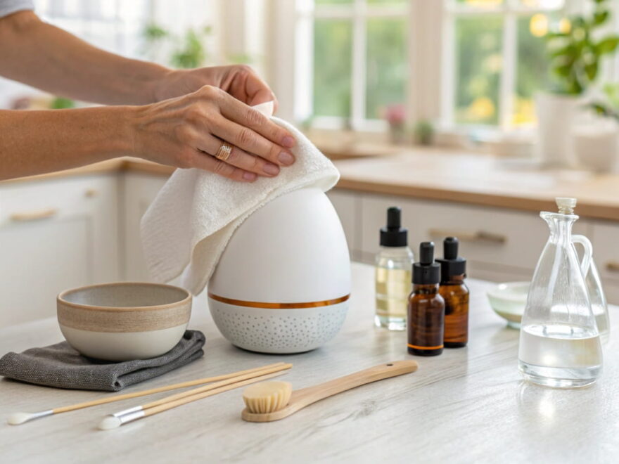 Nahaufnahme eines Aroma Diffusers, der auf einer Küchenarbeitsplatte gereinigt wird. Hände wischen den Diffuser sanft mit einem weichen Tuch aus, umgeben von ätherischen Ölen und Reinigungsutensilien.