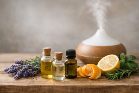 Aromatherapie Grundlagen mit ätherischen Ölen, Pflanzen und Diffuser