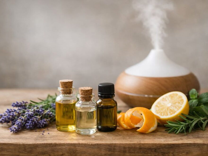 Aromatherapie Grundlagen mit ätherischen Ölen, Pflanzen und Diffuser