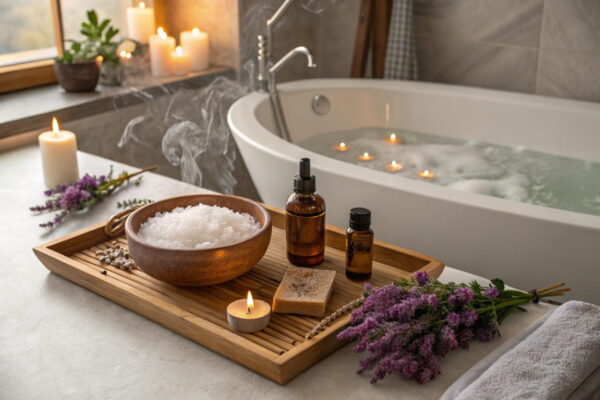Aromatische Bäder: Entspannung mit ätherischen Ölen erleben Luxuriöses Bad mit aromatischen ätherischen Ölen, Kerzen, Blumen und Badewanne, ideal für Entspannung und Wellness.