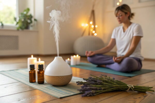 Emotionale Balance mit ätherischen Ölen: Für Geist und Seele Person meditiert mit ätherischen Ölen, Diffuser und Kerzen für emotionale Balance und innere Ruhe.