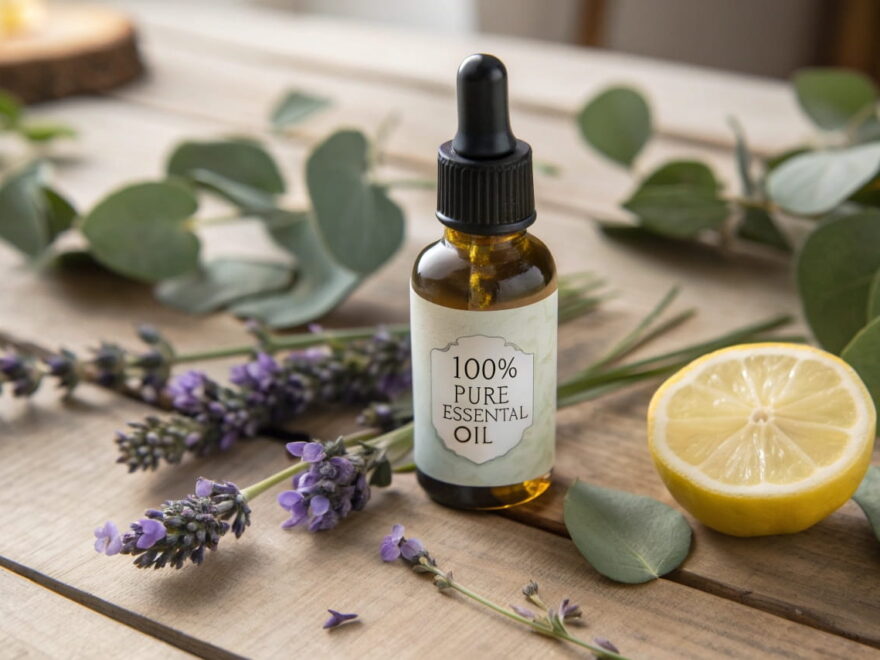 Hochwertiges ätherisches Öl mit Lavendel, Eukalyptus und Zitrone auf einem Holztisch – Qualität ätherischer Öle erkennen.