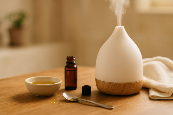 Ätherische Öle anwenden: Alltag & sichere Nutzung Anwendung ätherischer Öle mit Diffuser, Trägeröl und Zubehör in realistischer Alltagsszene