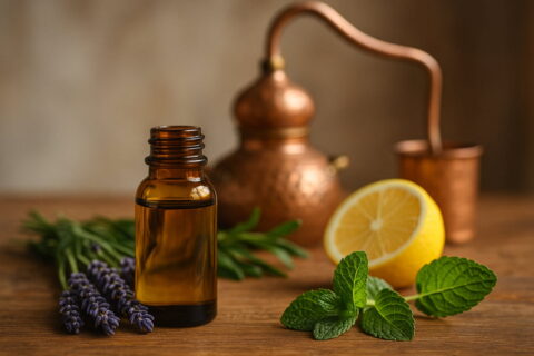 Ätherische Öle mit Pflanzen und Destille – Gewinnung und Ursprung natürlich dargestellt