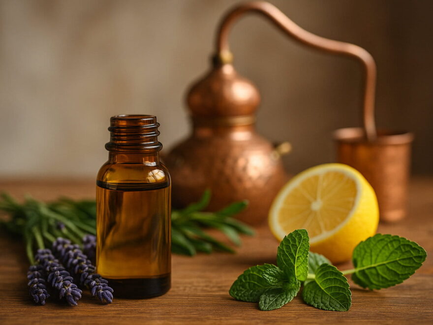 Ätherische Öle mit Pflanzen und Destille – Gewinnung und Ursprung natürlich dargestellt