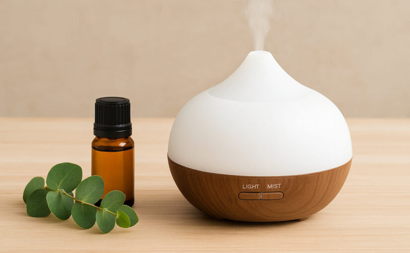 Diffuser mit Duftölflasche und Eukalyptuszweig auf Holzuntergrund