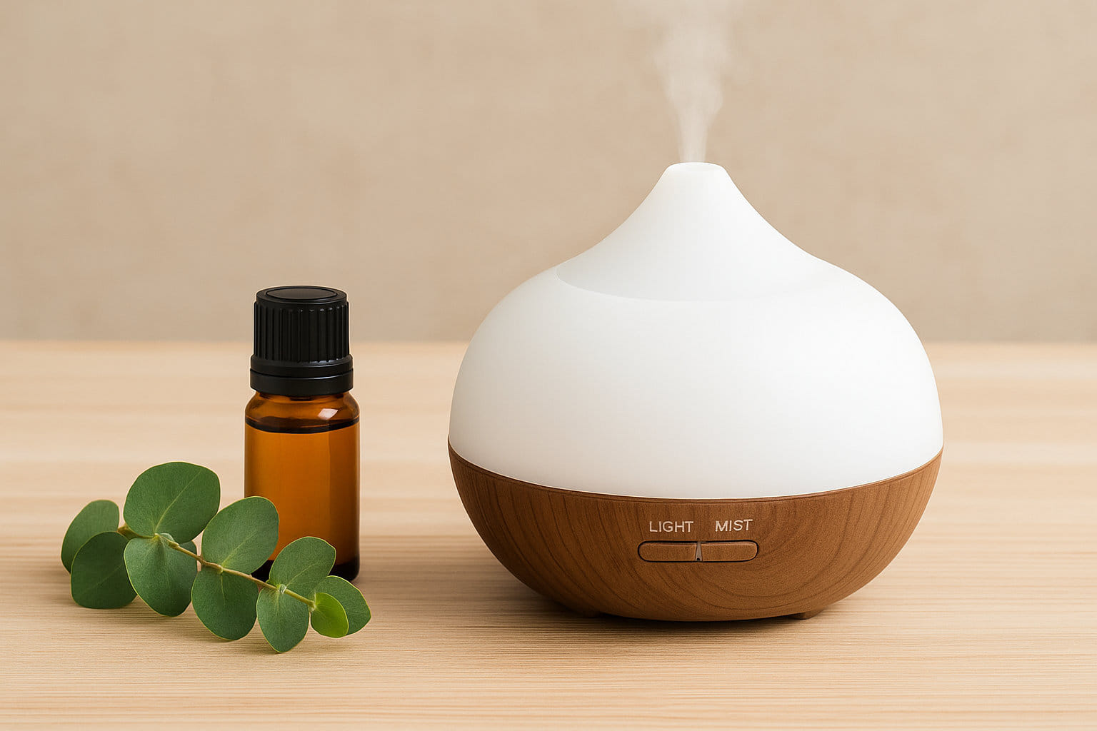 Diffuser mit Duftölflasche und Eukalyptuszweig auf Holzuntergrund