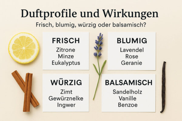 Verschiedene Duftprofile mit natürlichen Zutaten wie Zitrone, Lavendel, Zimt und Vanille