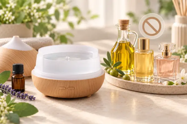 Welche Öle nicht in den Aroma Diffuser gehören Ungeeignete Öle neben einem geöffneten Aroma Diffuser