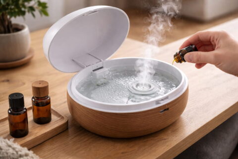Ultraschall Aroma Diffuser mit offenem Wassertank und sichtbarer Membran bei der Vernebelung