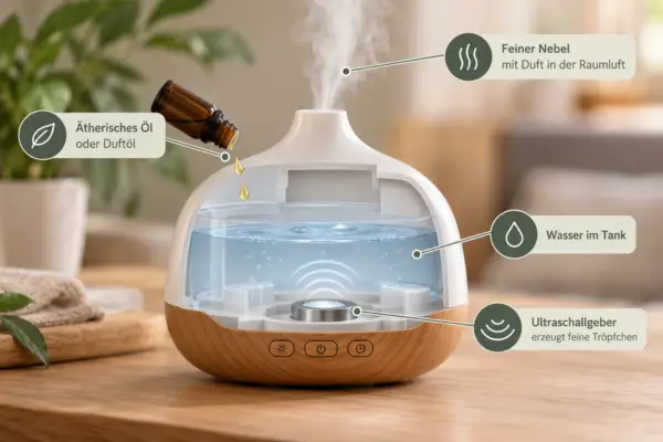 So funktioniert ein Aroma Diffuser mit Ultraschall Funktionsweise eines Aroma Diffusers mit Ultraschall und Wassertank