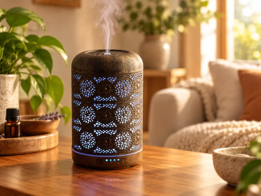 Aroma Diffuser im Wohnzimmer – stilvolles Design und angenehmer Raumduft Dekorativer Aroma Diffuser mit Metallgehäuse und blauer Beleuchtung im gemütlichen Wohnzimmer